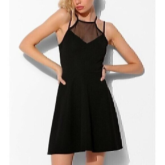 SPARKLE FADE URBAN OUTFITTERS UO Mesh Panel High Neck Skater Dress Black Mini S - Picture 1 of 12